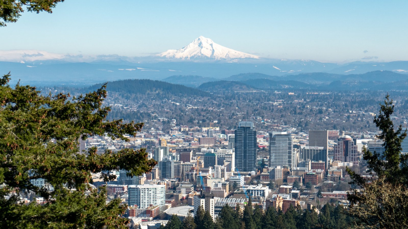 Downtown Portland, Oregon with Mount Hood in the background as seen from the Pittock Mansion viewpoint.